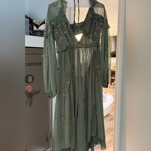 Green Long-Sleeve Sheer Midi Dress